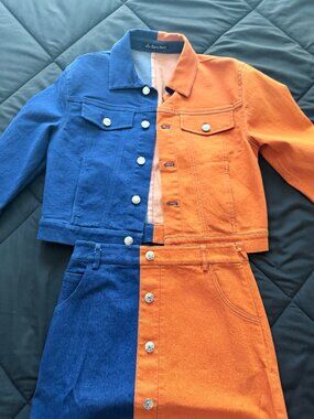 Clara Story Split Two-Tone Denim Jacket & Mini Skirt Set Blue Orange ✨